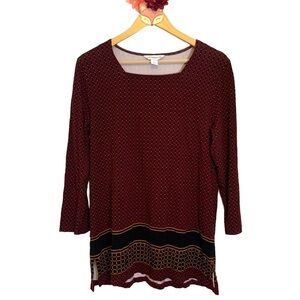 Liz Claiborne tunic top red print square neck split side 3/4 sleeve size medium